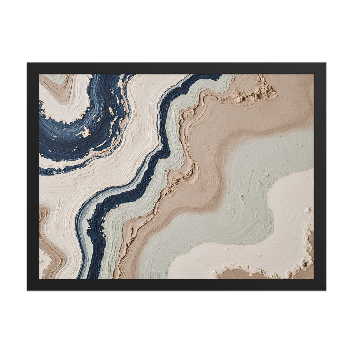 Striata framed paper artwork with rhythmic bands of mineral color and sediment-like layers, shown on white.