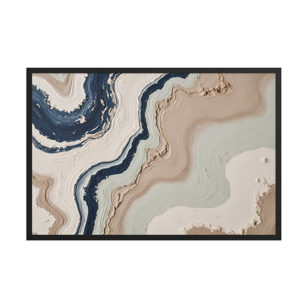 Striata framed paper artwork with rhythmic bands of mineral color and sediment-like layers, shown on white.