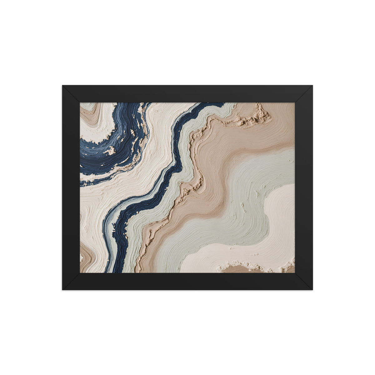 Striata framed paper artwork with rhythmic bands of mineral color and sediment-like layers, shown on white.