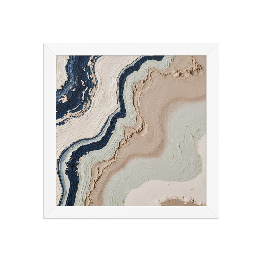Striata framed paper artwork with rhythmic bands of mineral color and sediment-like layers, shown on white.