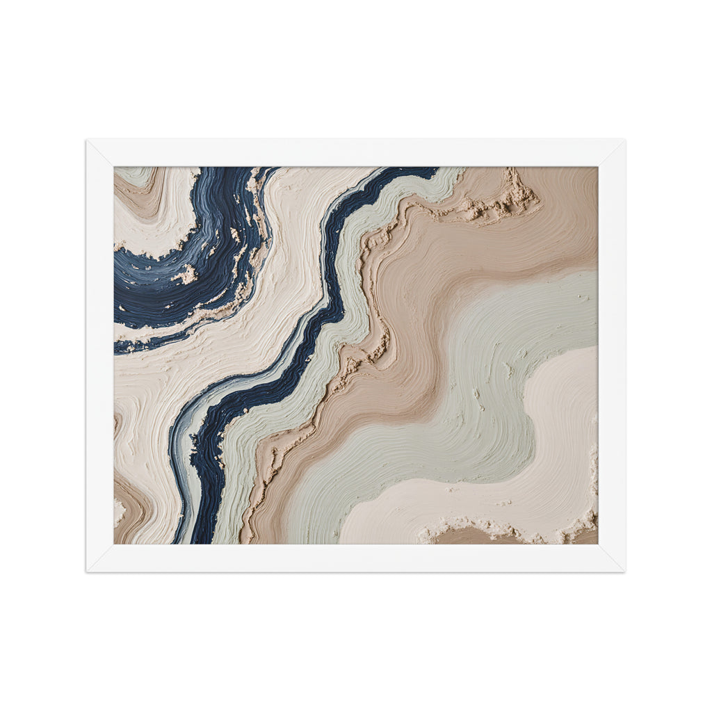 Striata framed paper artwork with rhythmic bands of mineral color and sediment-like layers, shown on white.