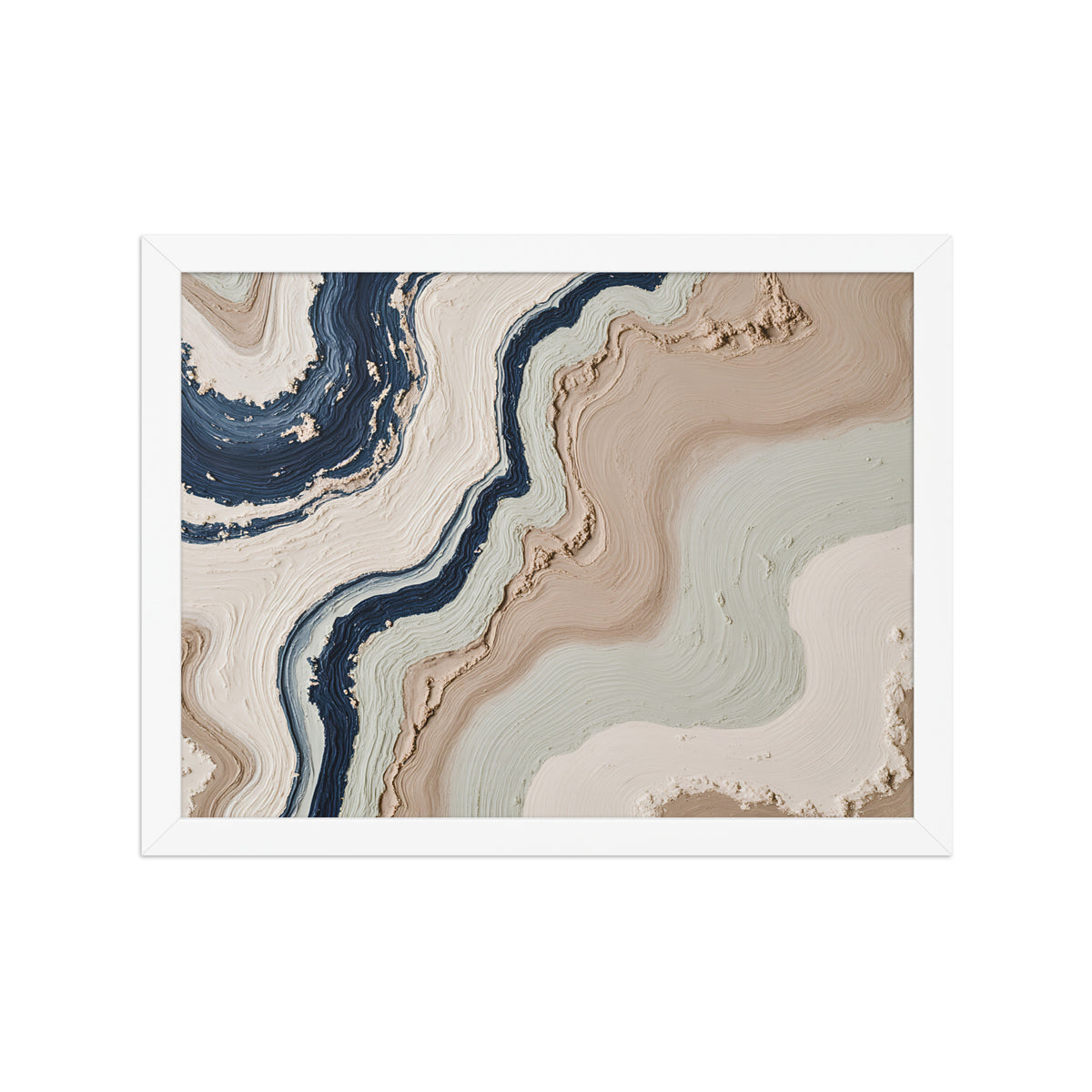 Striata framed paper artwork with rhythmic bands of mineral color and sediment-like layers, shown on white.