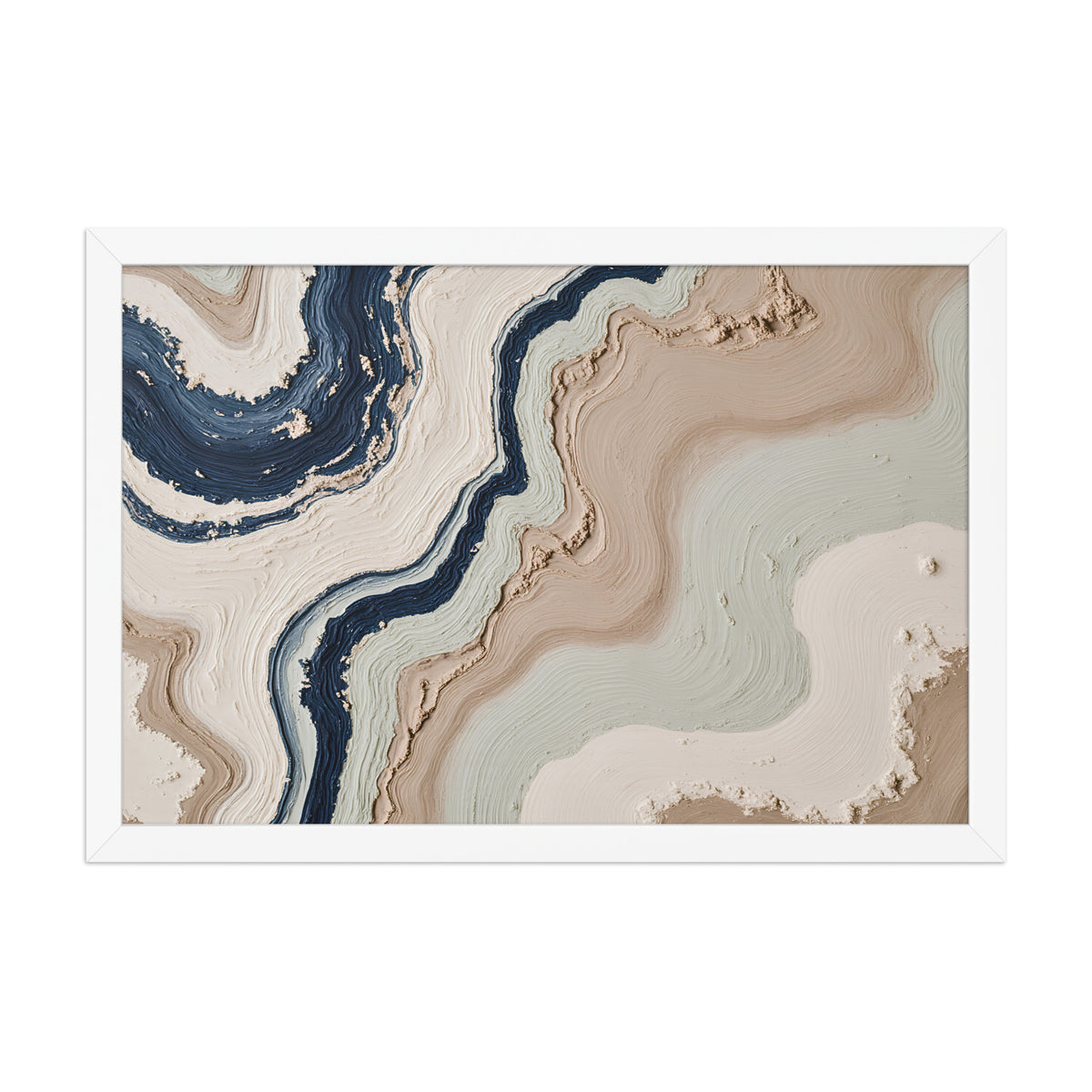 Striata framed paper artwork with rhythmic bands of mineral color and sediment-like layers, shown on white.