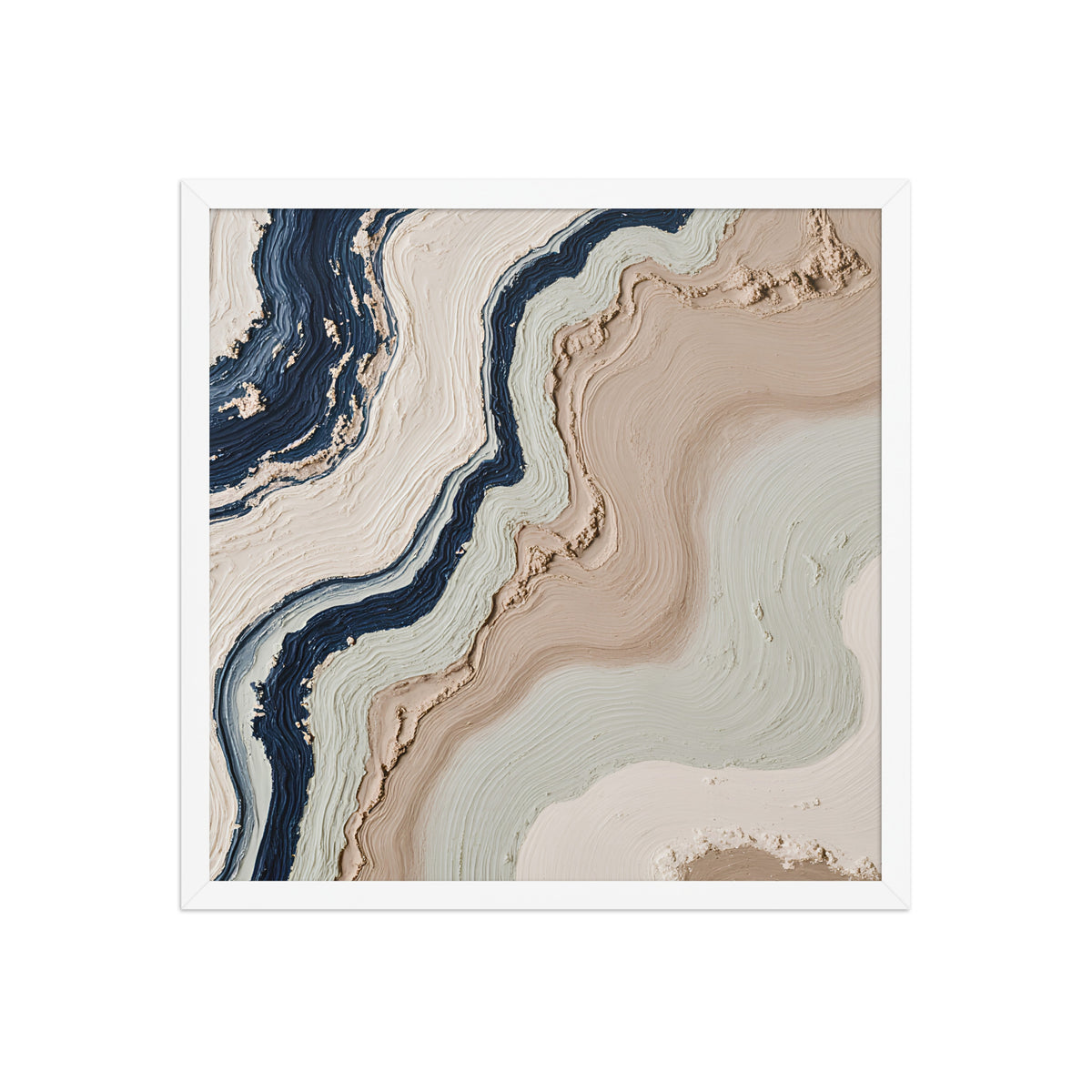 Striata framed paper artwork with rhythmic bands of mineral color and sediment-like layers, shown on white.