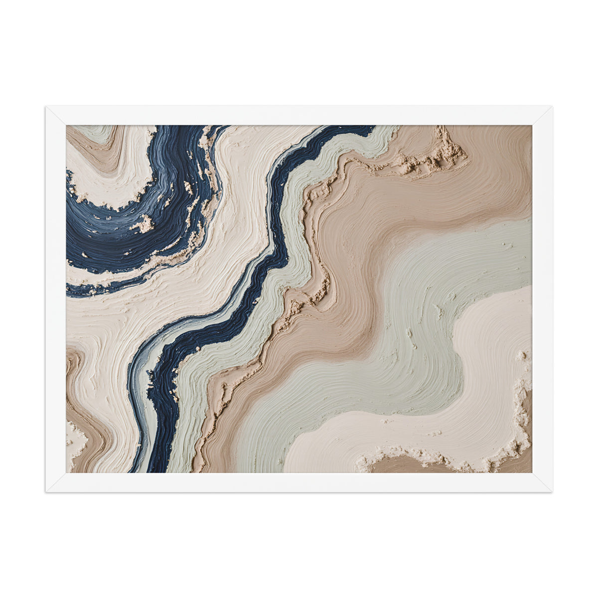 Striata framed paper artwork with rhythmic bands of mineral color and sediment-like layers, shown on white.