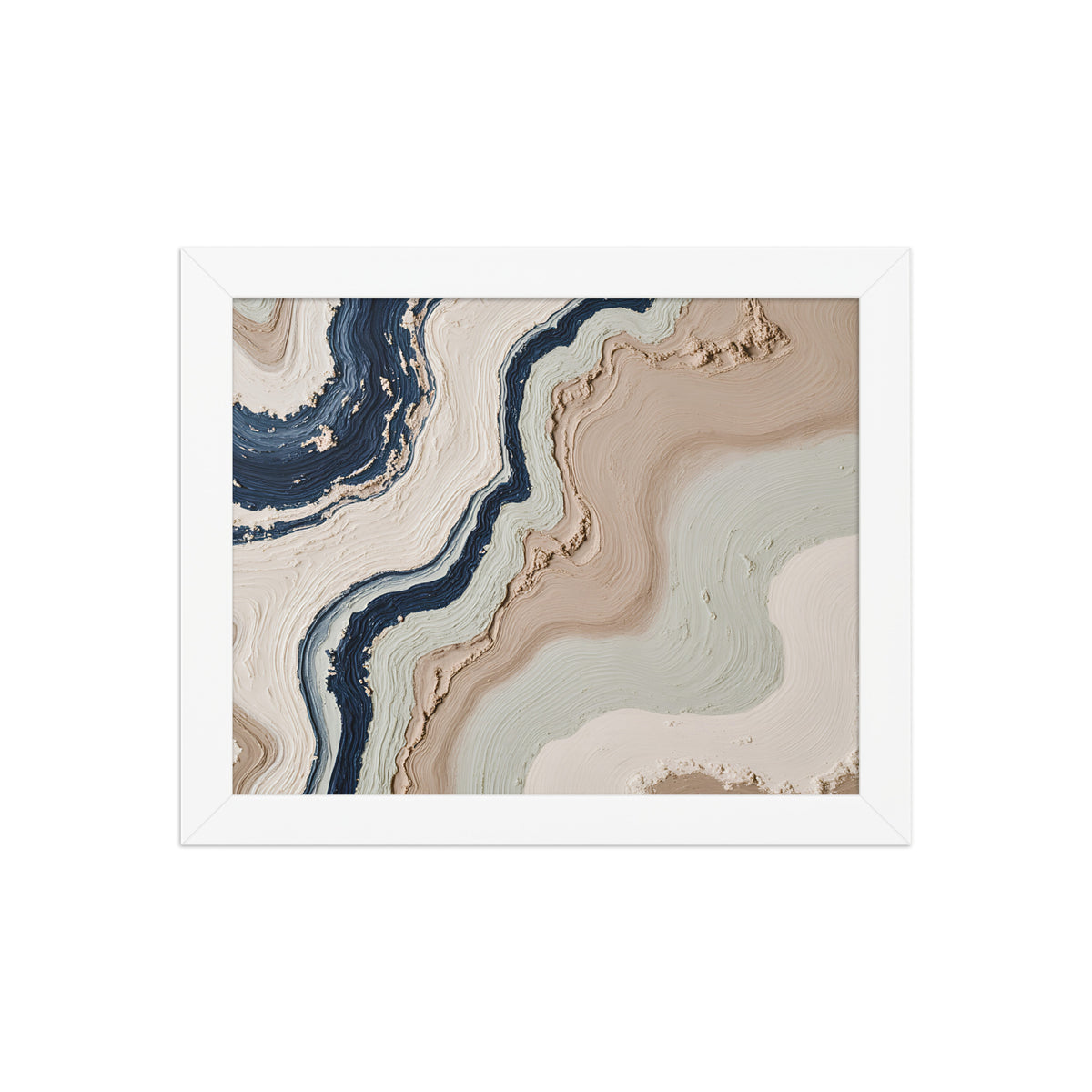 Striata framed paper artwork with rhythmic bands of mineral color and sediment-like layers, shown on white.