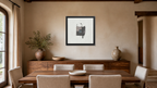 Press framed paper at 16x16 inch (square) scale in a premium residential dining room