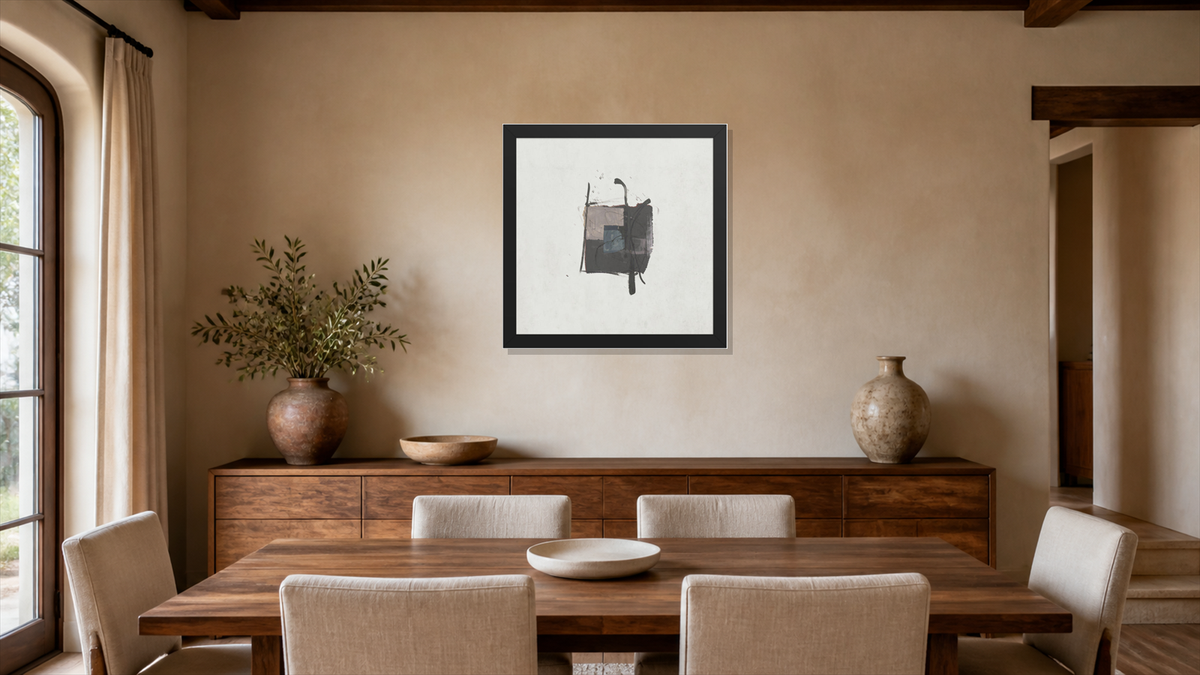 Press framed paper at 16x16 inch (square) scale in a premium residential dining room