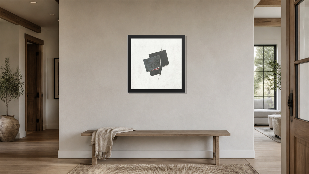 Purse framed paper at 16x16 inch (square) scale in a premium residential hallway