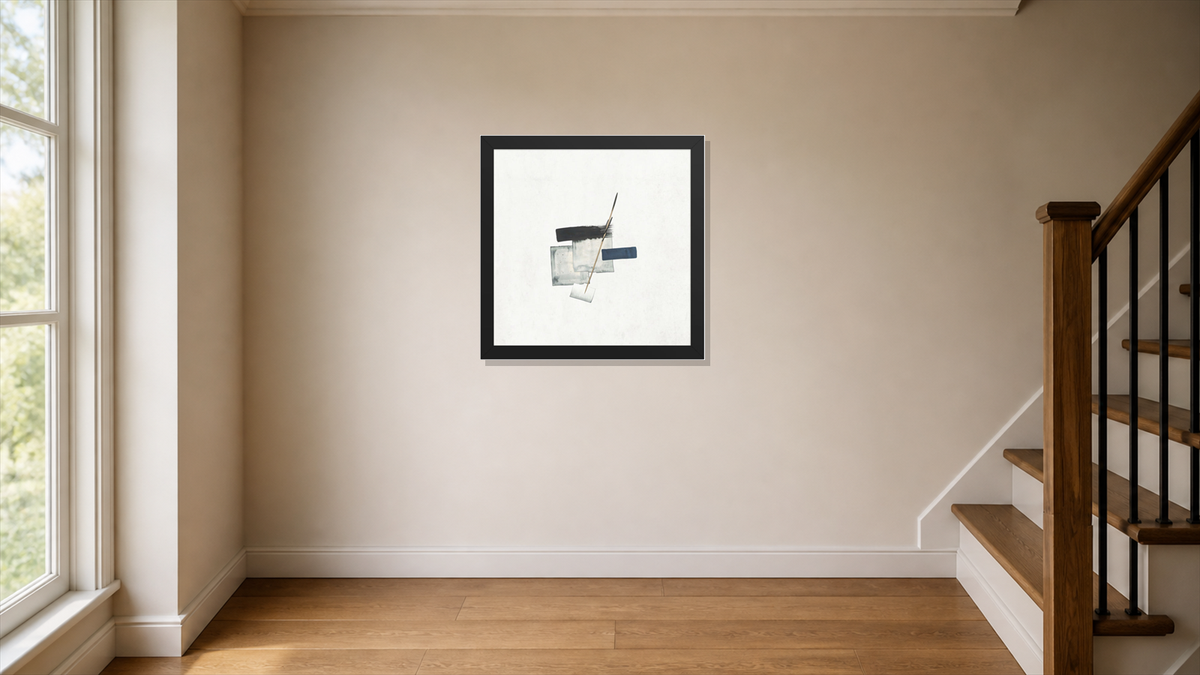 Relay framed paper at 16x16 inch (square) scale in a premium residential stair landing