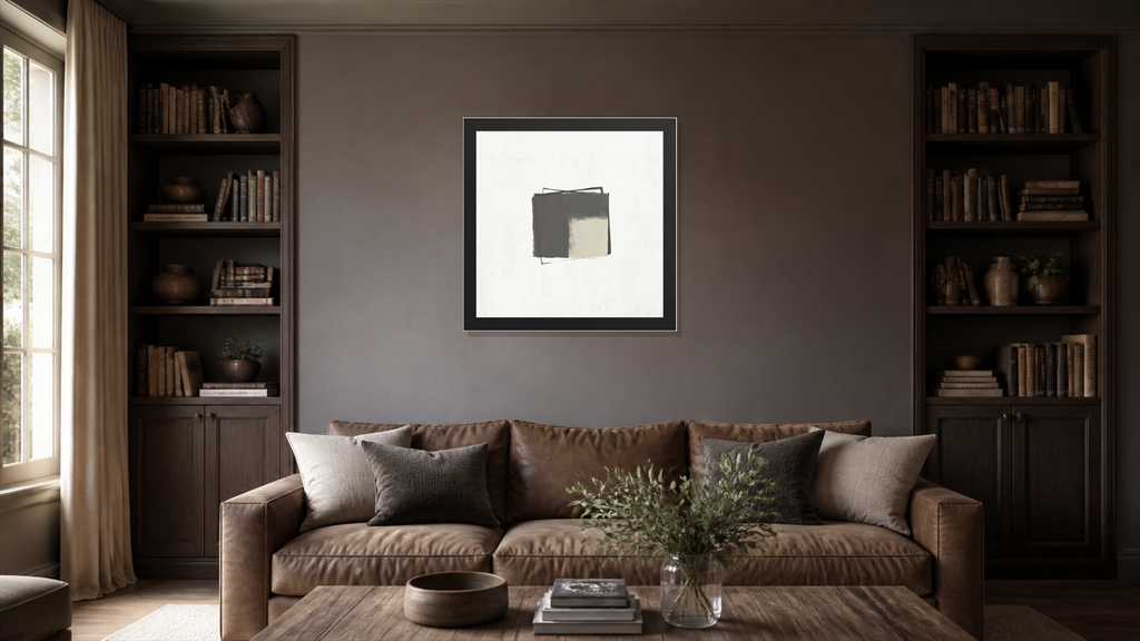 Soy framed paper at 16x16 inch (square) scale in a premium residential lounge/library