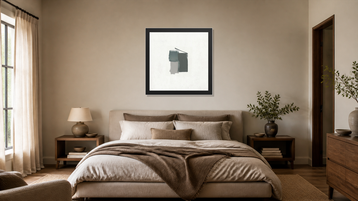 Sushi framed paper at 16x16 inch (square) scale in a premium residential bedroom
