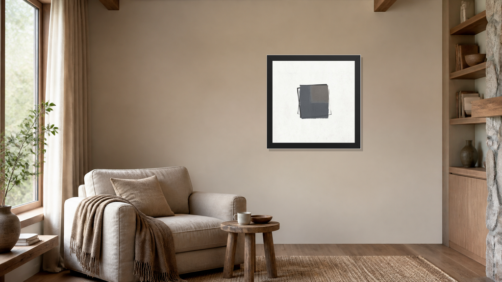 Tuna framed paper at 16x16 inch (square) scale in a premium residential reading nook