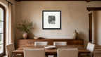 Two framed paper at 16x16 inch (square) scale in a premium residential dining room