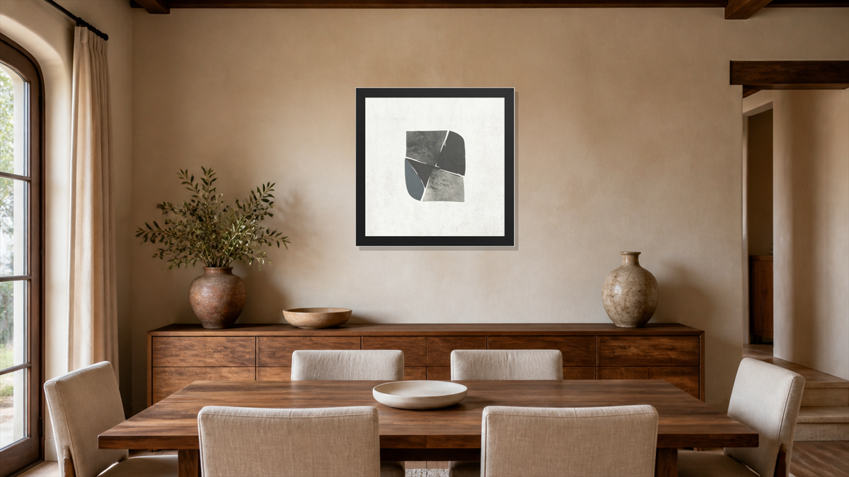 Two framed paper at 16x16 inch (square) scale in a premium residential dining room