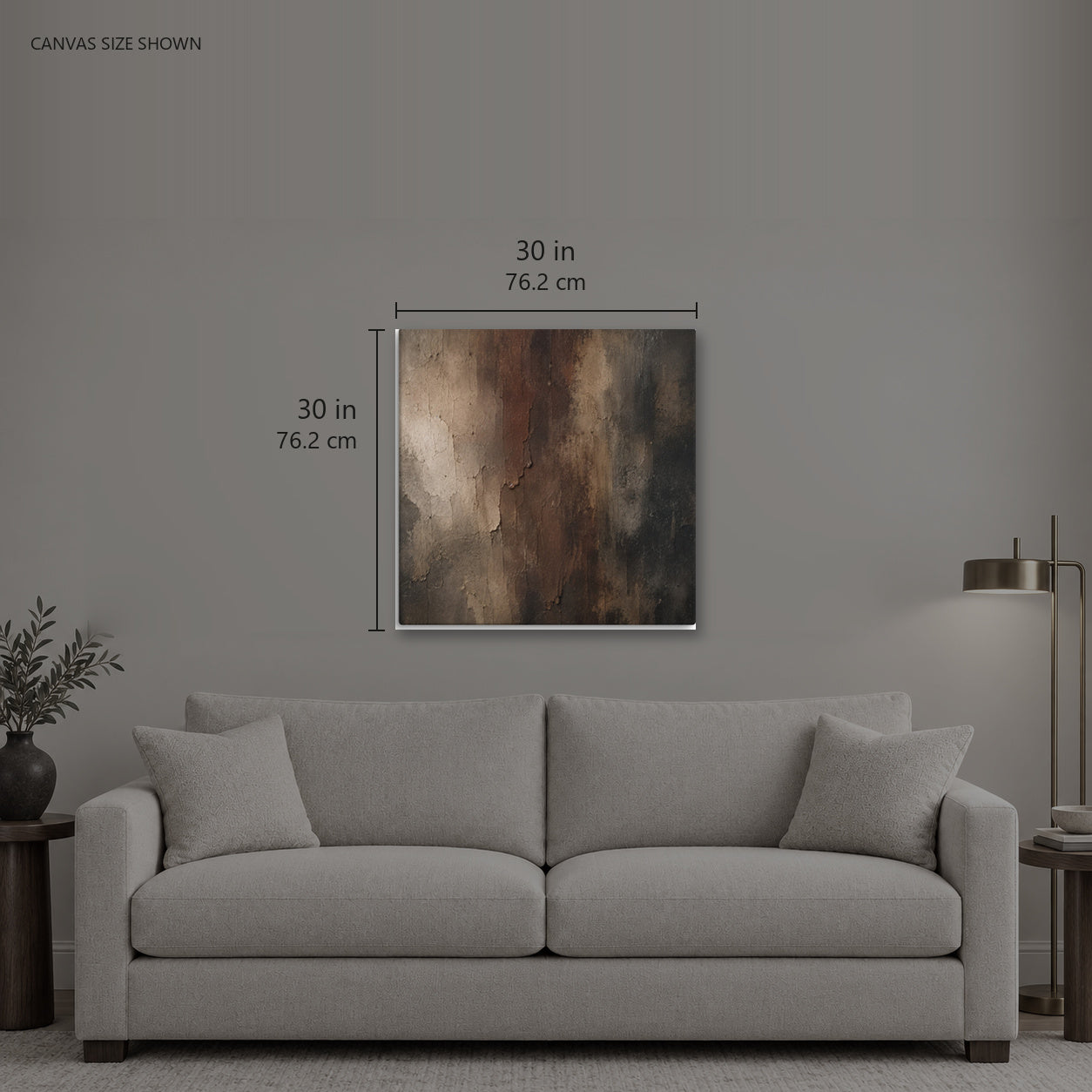 COSA — Canvas shown: 30 W × 30 H in (76.2 × 76.2 cm). Room reference; other formats and framed outside dimensions differ.