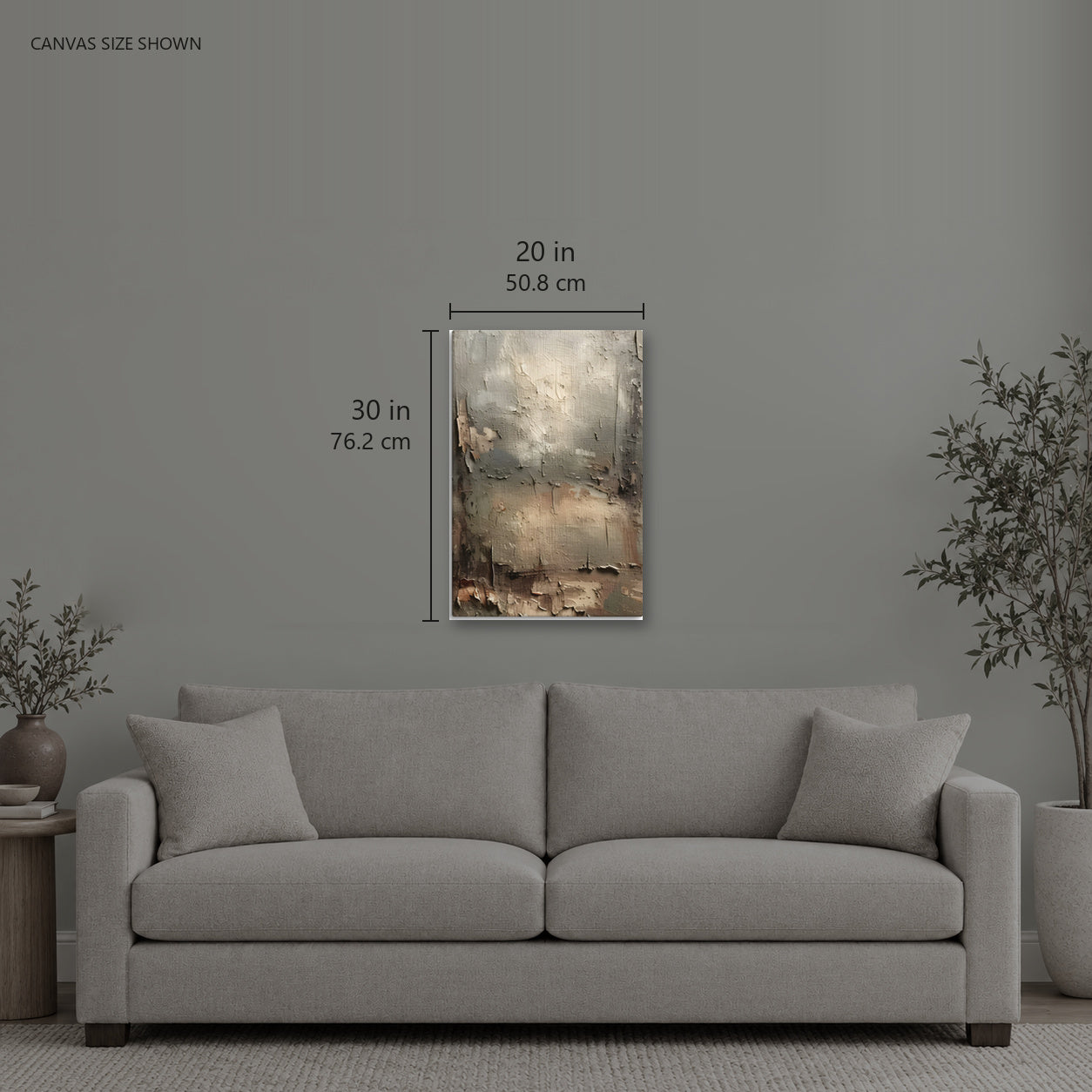 DEPTH — Canvas shown: 20 W × 30 H in (50.8 × 76.2 cm). Room reference; other formats and framed outside dimensions differ.