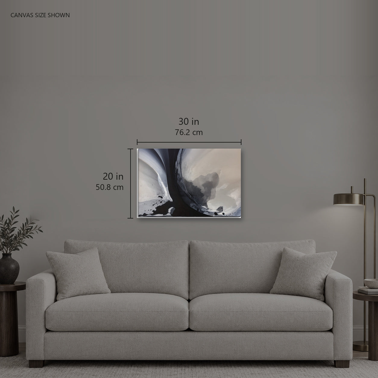 FUSION — Canvas shown: 30 W × 20 H in (76.2 × 50.8 cm). Room reference; other formats and framed outside dimensions differ.