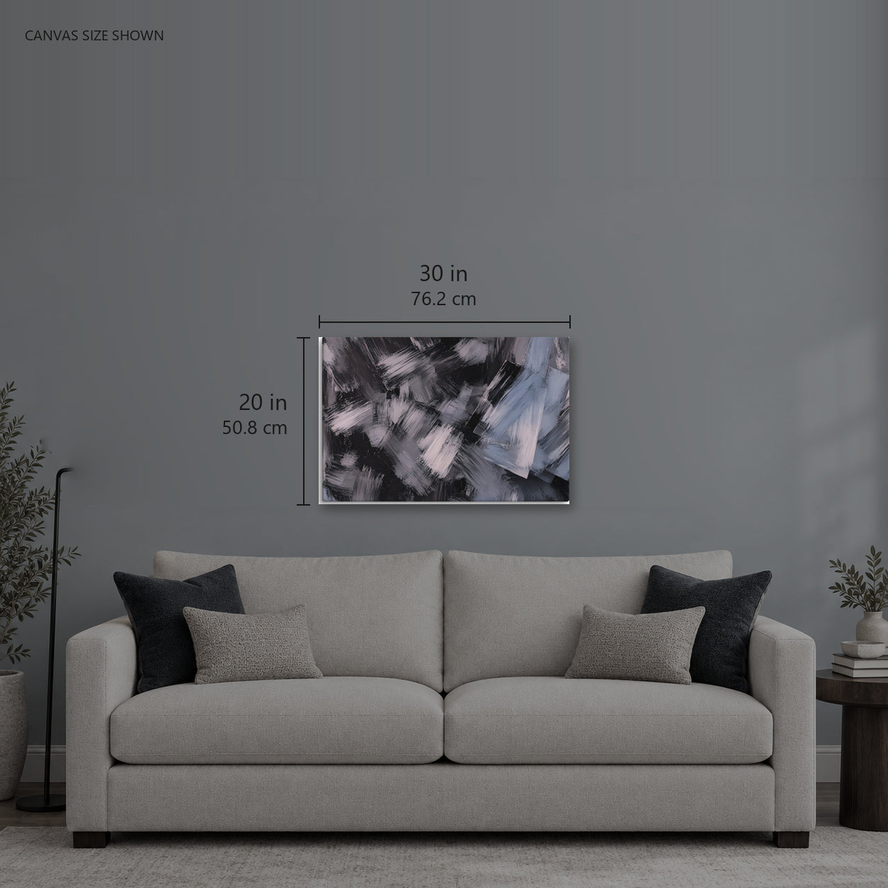 GRAPHITE — Canvas shown: 30 W × 20 H in (76.2 × 50.8 cm). Room reference; other formats and framed outside dimensions differ.