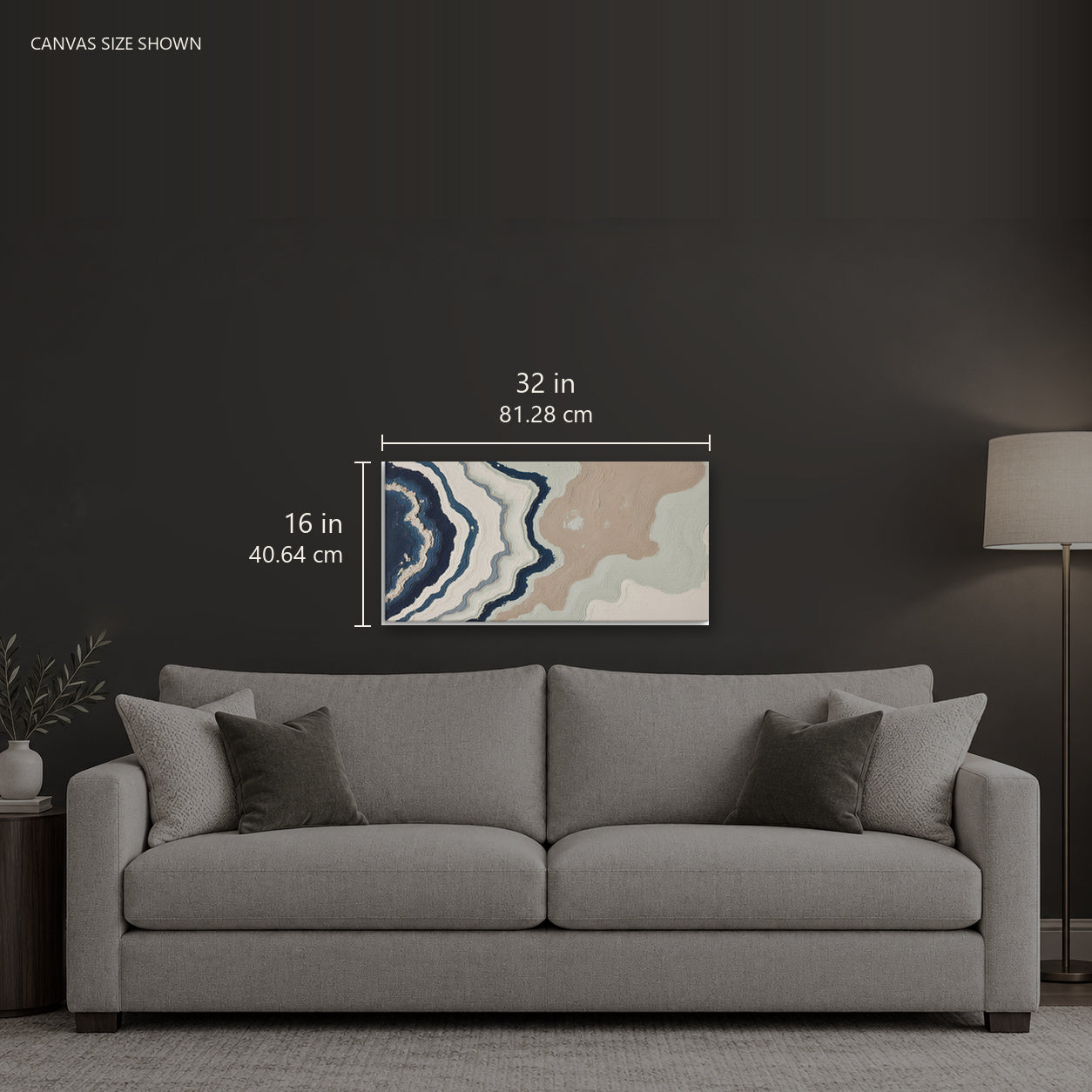 KARST — Canvas shown: 32 W × 16 H in (81.28 × 40.64 cm). Room reference; other formats and framed outside dimensions differ.