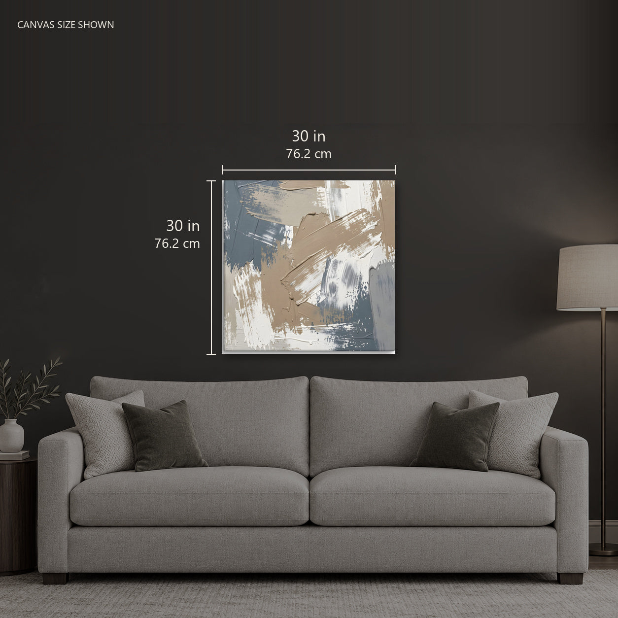 LOGAN — Canvas shown: 30 W × 30 H in (76.2 × 76.2 cm). Room reference; other formats and framed outside dimensions differ.