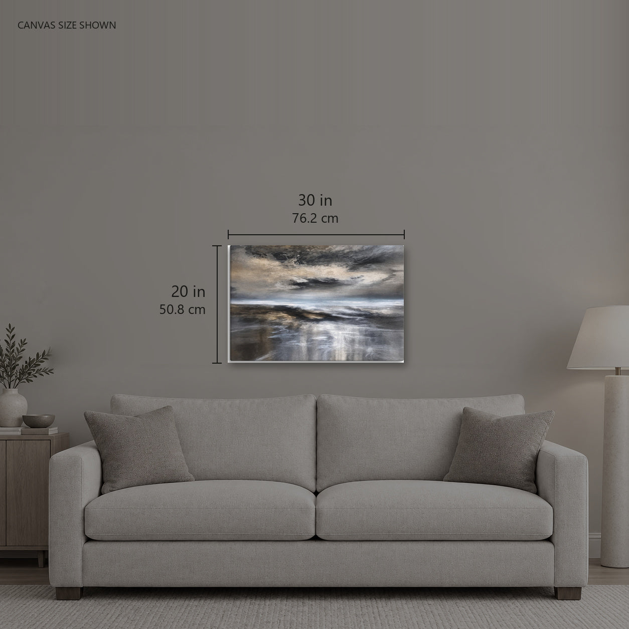 ORIGIN — Canvas shown: 30 W × 20 H in (76.2 × 50.8 cm). Room reference; other formats and framed outside dimensions differ.