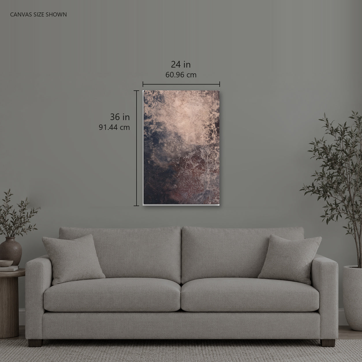 REMNANT — Canvas shown: 24 W × 36 H in (60.96 × 91.44 cm). Room reference; other formats and framed outside dimensions differ.