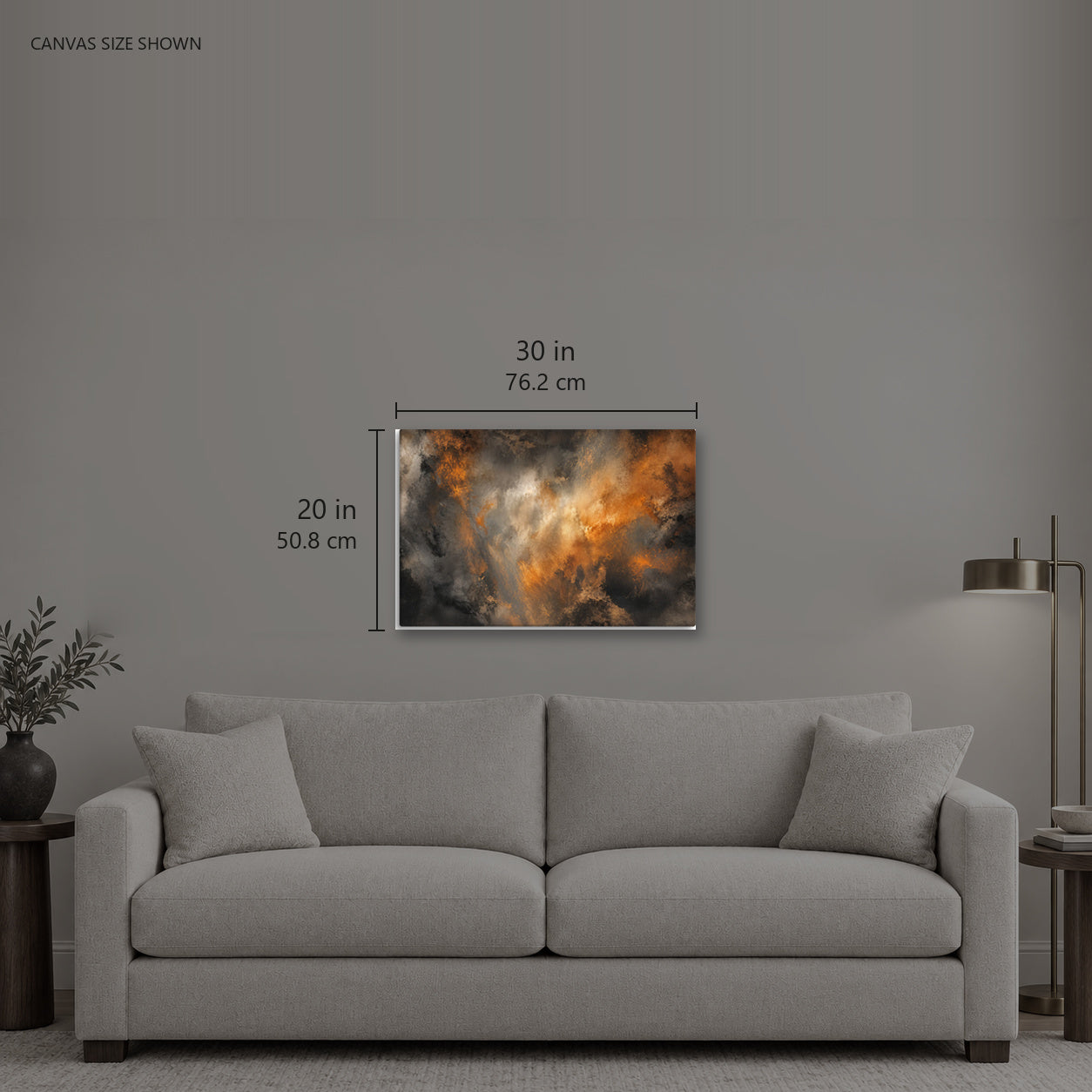 SHIFT — Canvas shown: 30 W × 20 H in (76.2 × 50.8 cm). Room reference; other formats and framed outside dimensions differ.