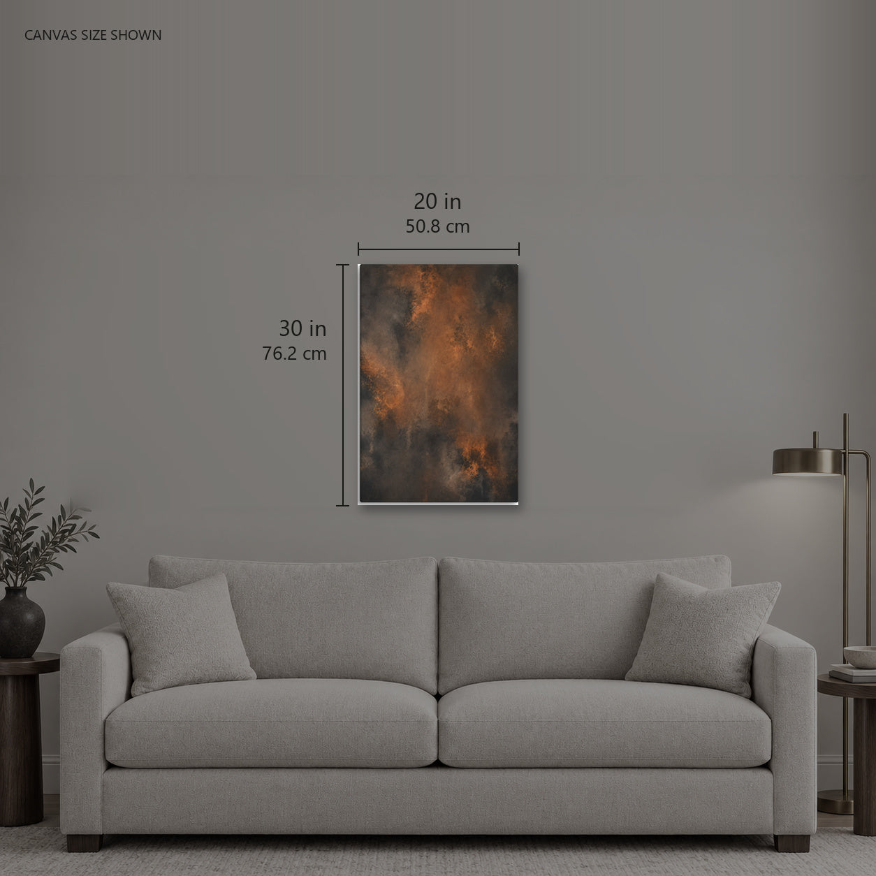 STATIC IV — Canvas shown: 20 W × 30 H in (50.8 × 76.2 cm). Room reference; other formats and framed outside dimensions differ.