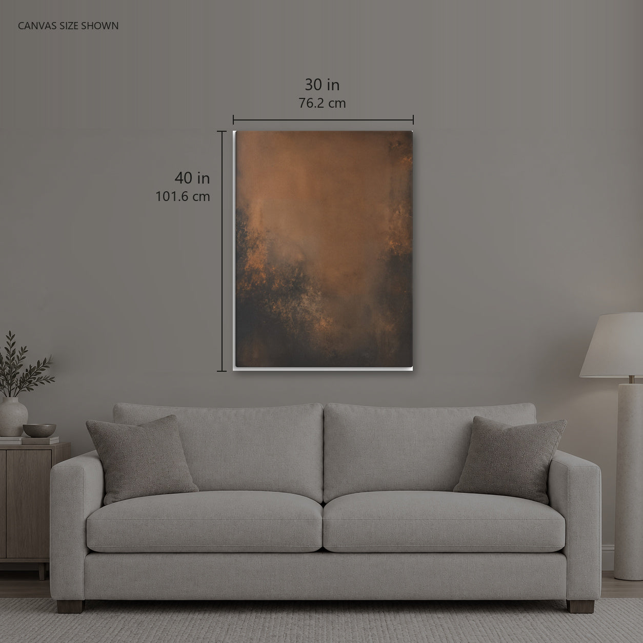 STATIC — Canvas shown: 30 W × 40 H in (76.2 × 101.6 cm). Room reference; other formats and framed outside dimensions differ.