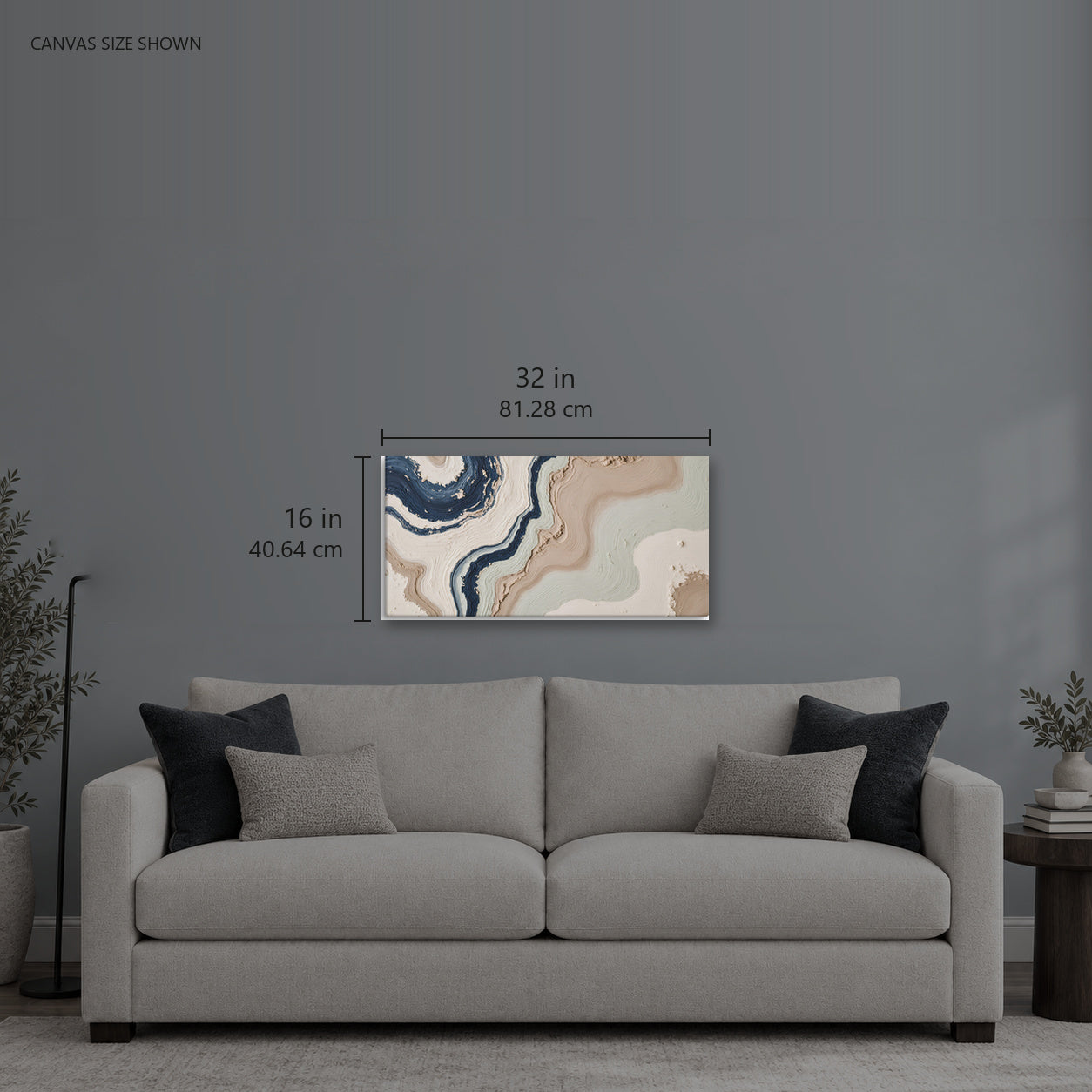 STRIATA — Canvas shown: 32 W × 16 H in (81.28 × 40.64 cm). Room reference; other formats and framed outside dimensions differ.