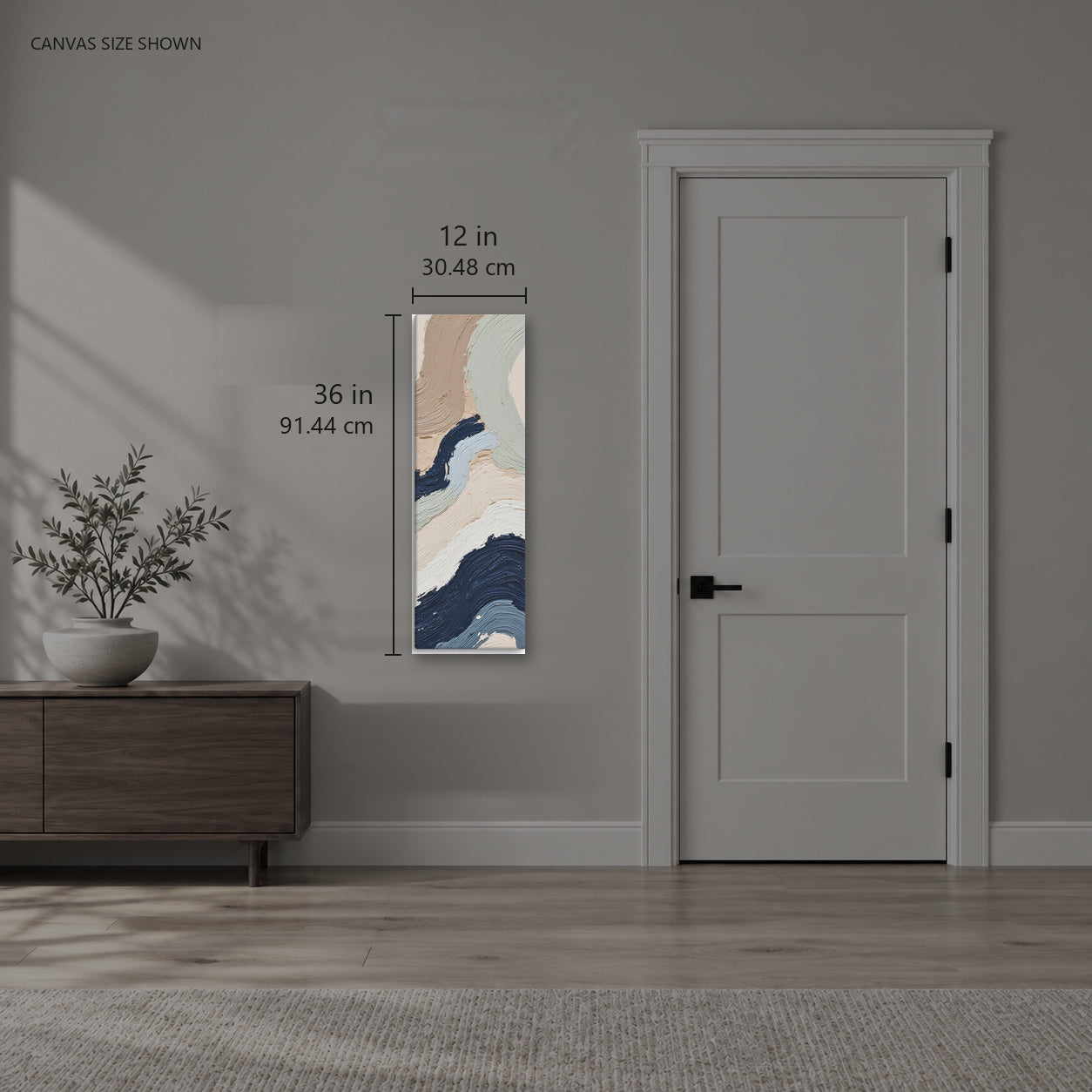 Alluvia — Canvas shown: 12 W × 36 H in (30.48 × 91.44 cm). Room reference; other formats and framed outside dimensions differ.