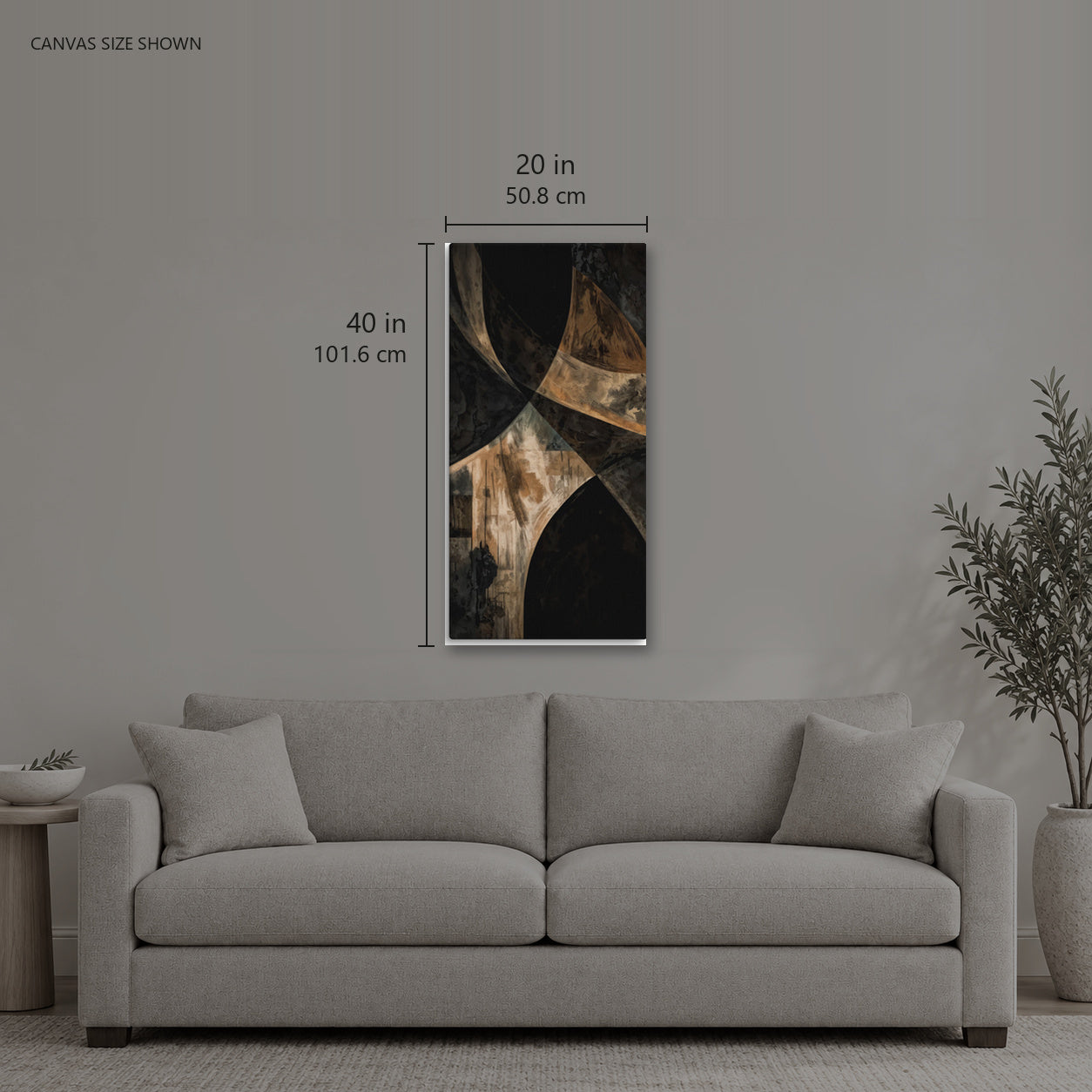 ASHLAR 114 — Canvas shown: 20 W × 40 H in (50.8 × 101.6 cm). Room reference; other formats and framed outside dimensions differ.