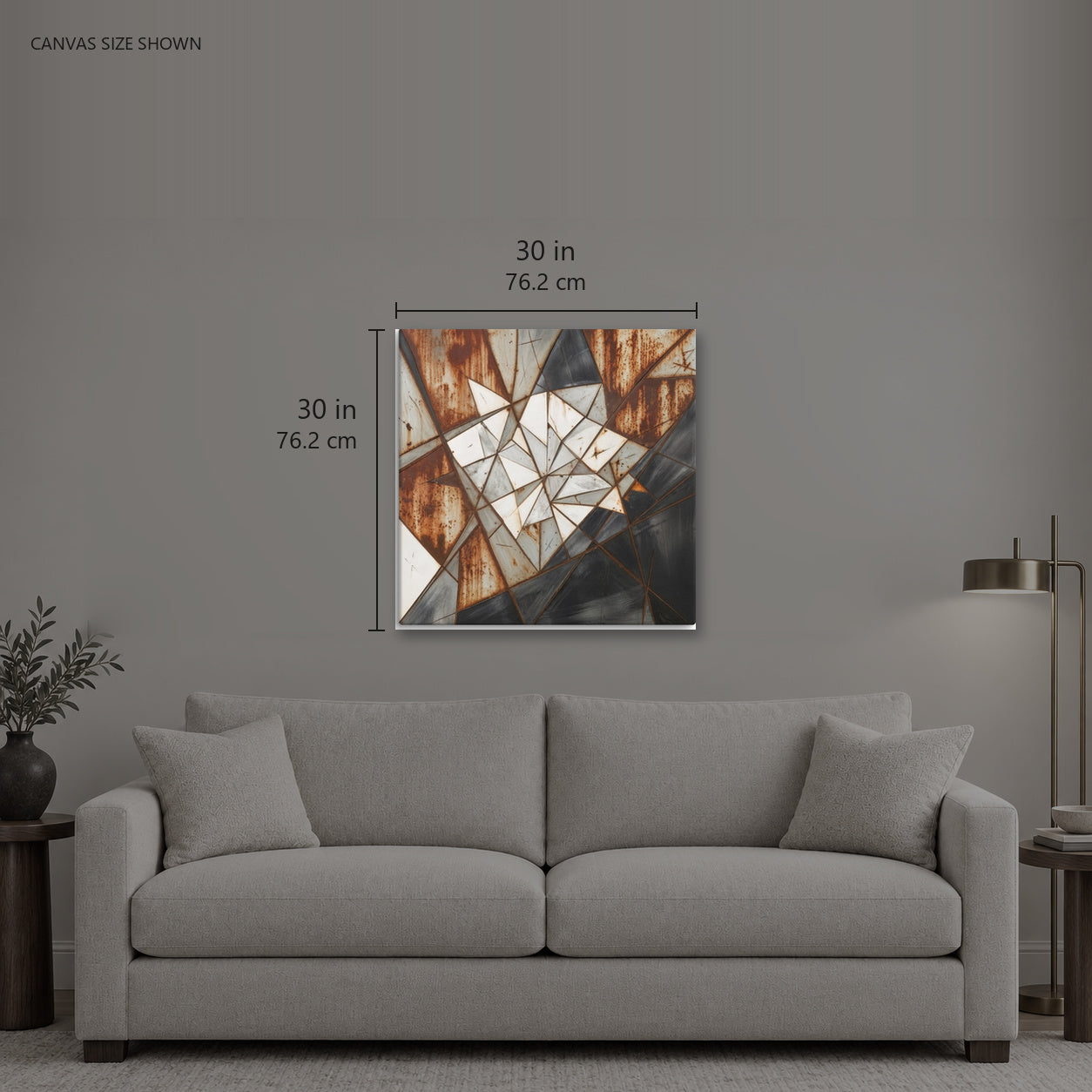 ASTERIX — Canvas shown: 30 W × 30 H in (76.2 × 76.2 cm). Room reference; other formats and framed outside dimensions differ.