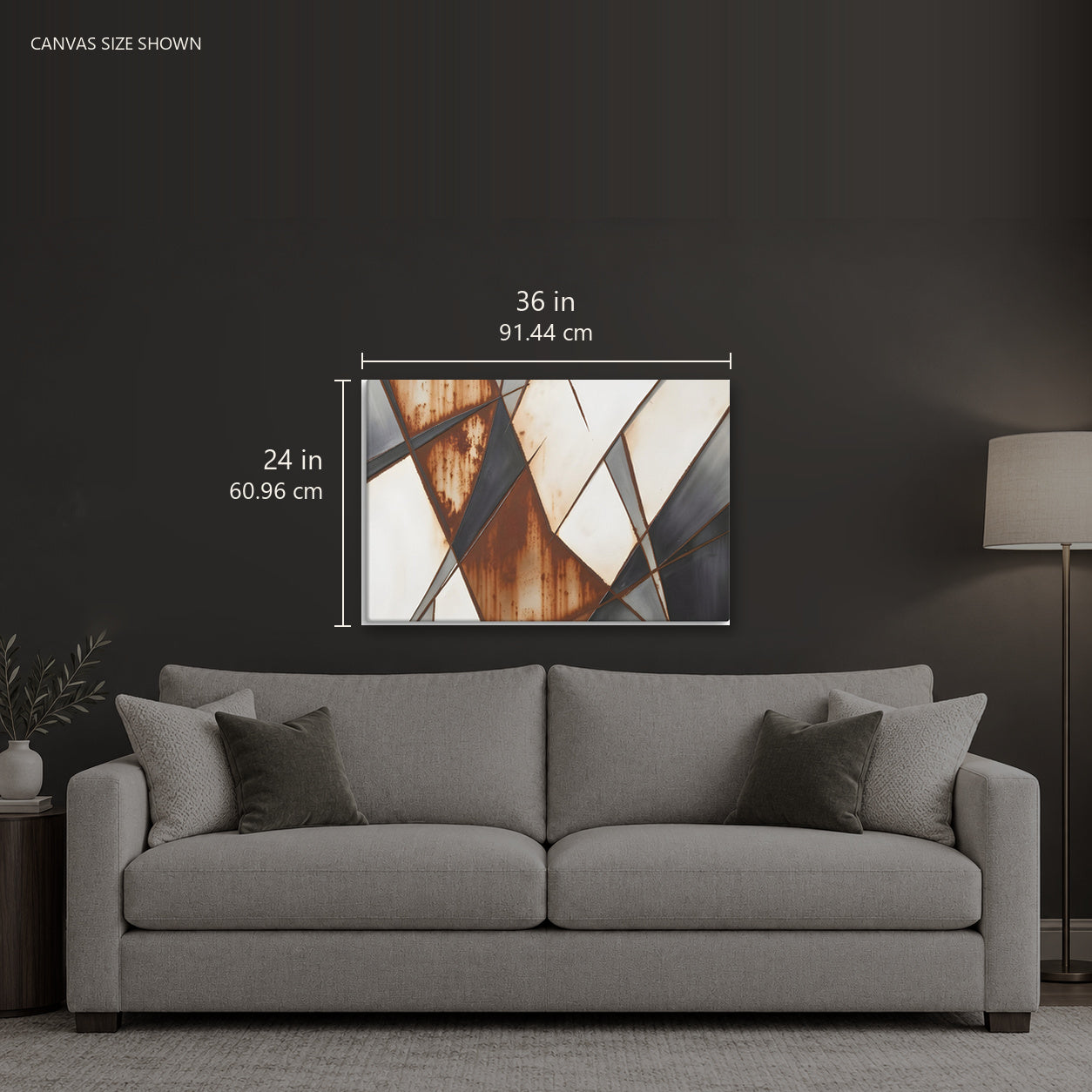 HYPHEN — Canvas shown: 36 W × 24 H in (91.44 × 60.96 cm). Room reference; other formats and framed outside dimensions differ.
