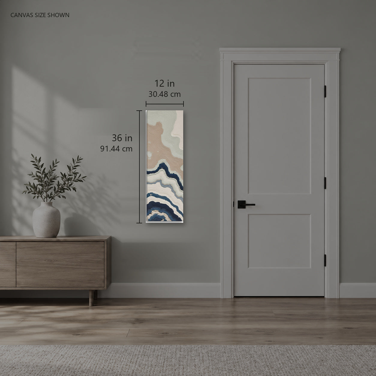 Karst — Canvas shown: 12 W × 36 H in (30.48 × 91.44 cm). Room reference; other formats and framed outside dimensions differ.