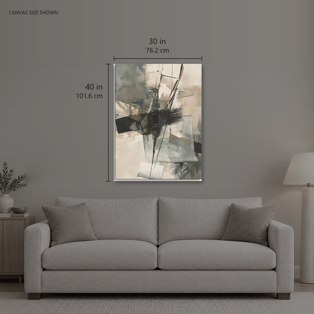 LINTEL — Canvas shown: 30 W × 40 H in (76.2 × 101.6 cm). Room reference; other formats and framed outside dimensions differ.
