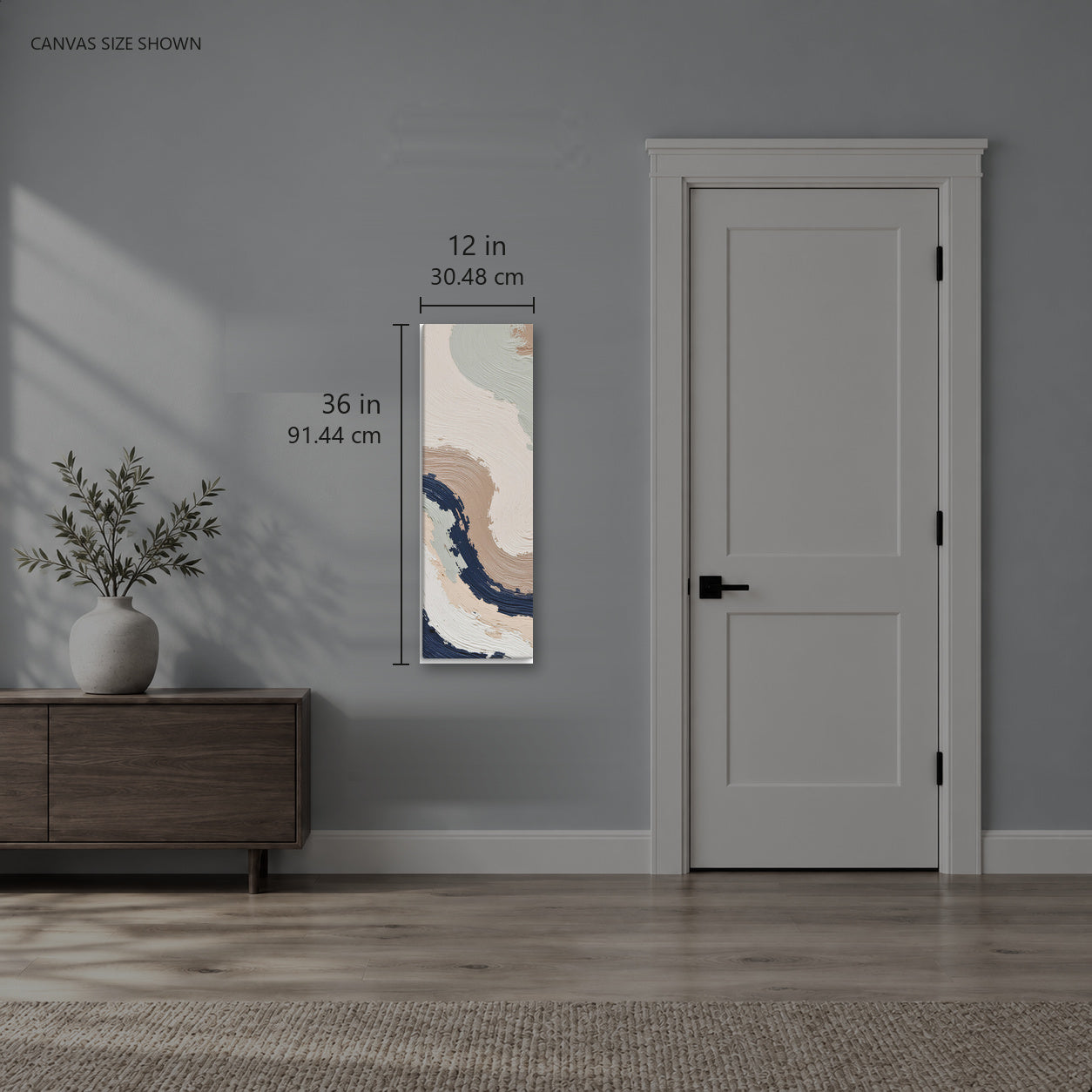 Loess — Canvas shown: 12 W × 36 H in (30.48 × 91.44 cm). Room reference; other formats and framed outside dimensions differ.
