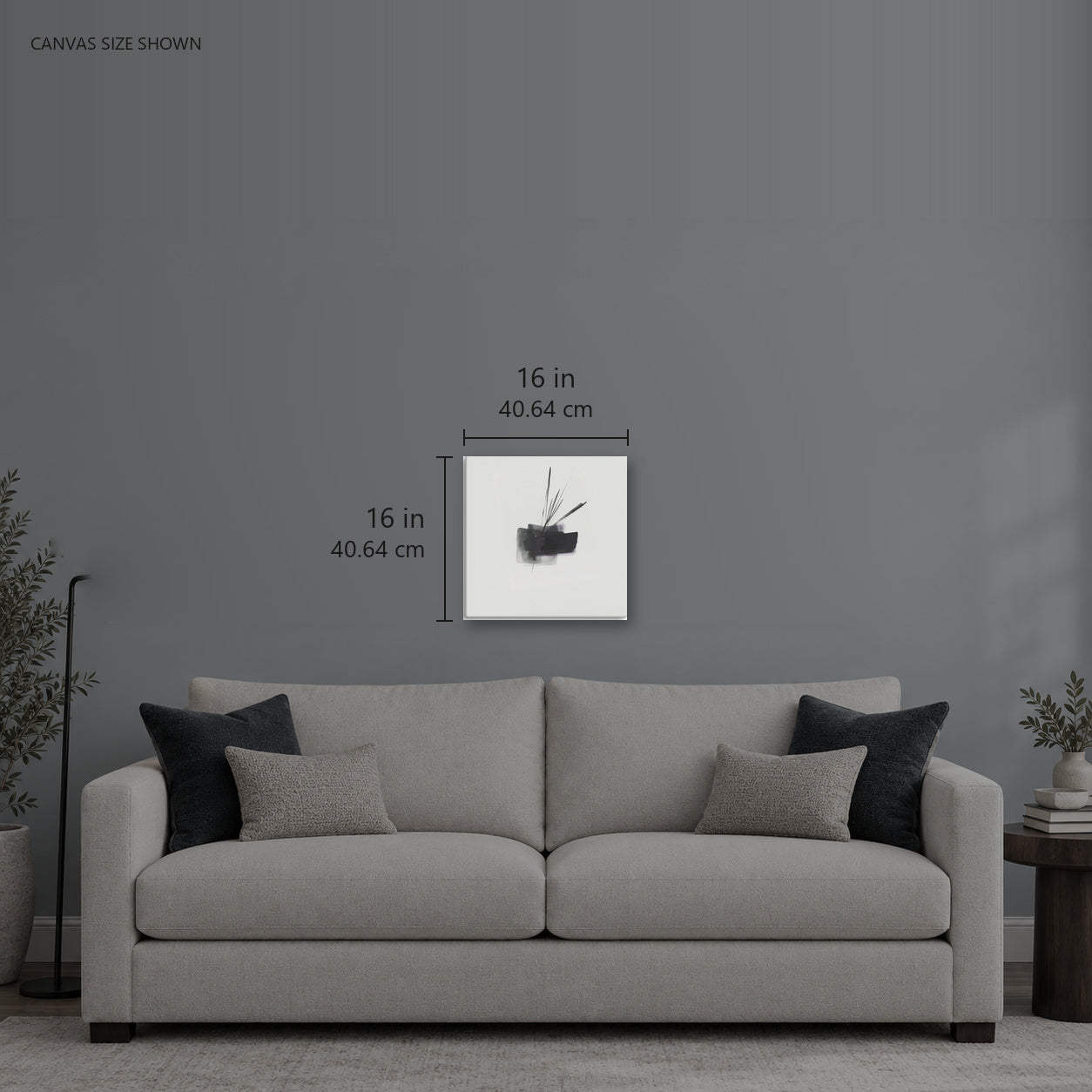 Mallow — Canvas shown: 16 W × 16 H in (40.64 × 40.64 cm). Room reference; other formats and framed outside dimensions differ.