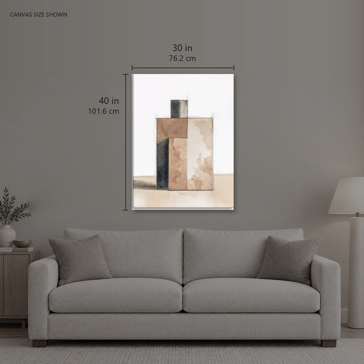 PLINTH — Canvas shown: 30 W × 40 H in (76.2 × 101.6 cm). Room reference; other formats and framed outside dimensions differ.