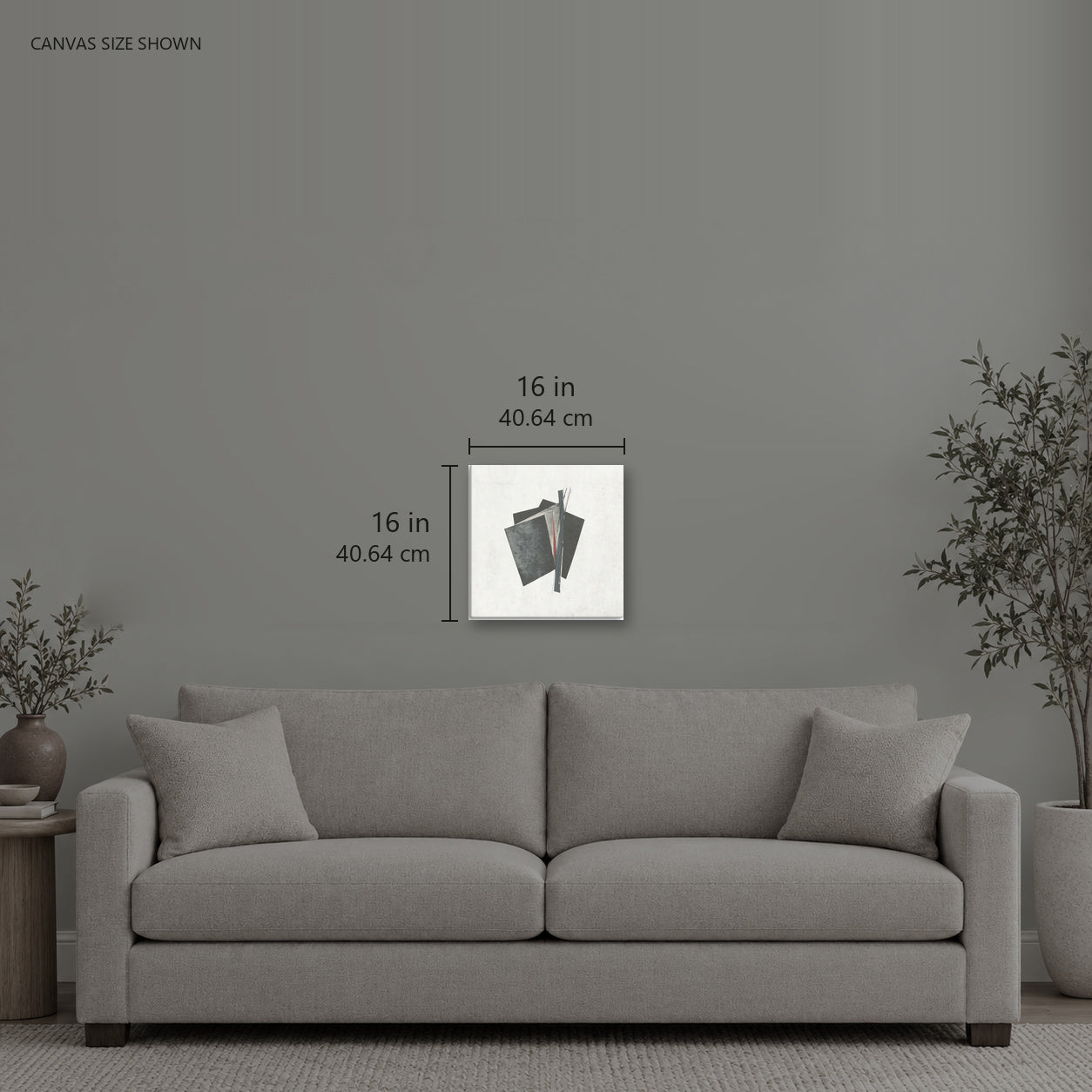 Point — Canvas shown: 16 W × 16 H in (40.64 × 40.64 cm). Room reference; other formats and framed outside dimensions differ.
