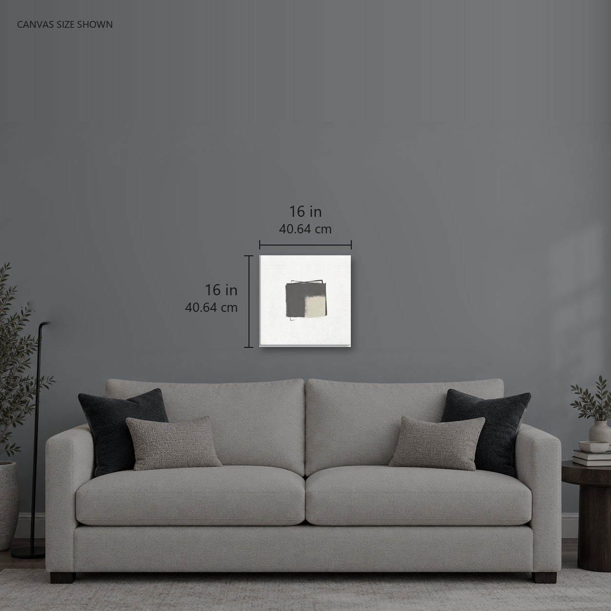 Soy — Canvas shown: 16 W × 16 H in (40.64 × 40.64 cm). Room reference; other formats and framed outside dimensions differ.