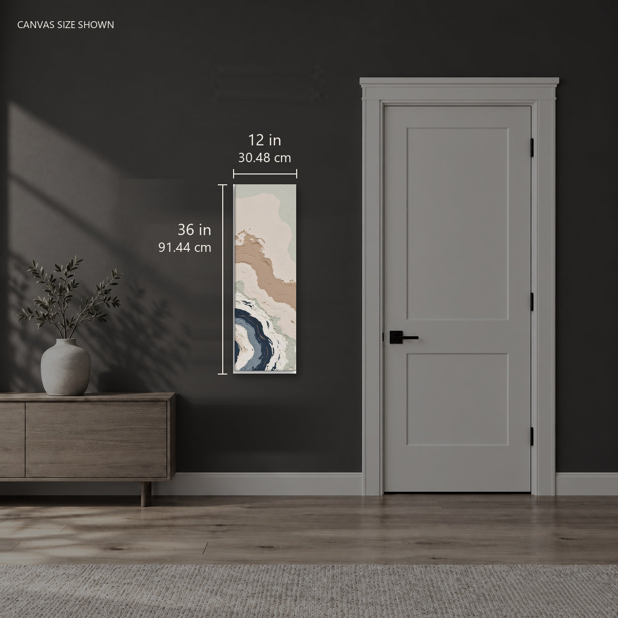 Spall — Canvas shown: 12 W × 36 H in (30.48 × 91.44 cm). Room reference; other formats and framed outside dimensions differ.