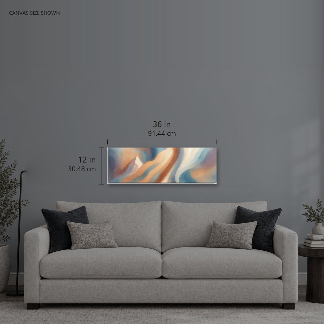 Stria Eddy — Canvas shown: 36 W × 12 H in (91.44 × 30.48 cm). Room reference; other formats and framed outside dimensions differ.