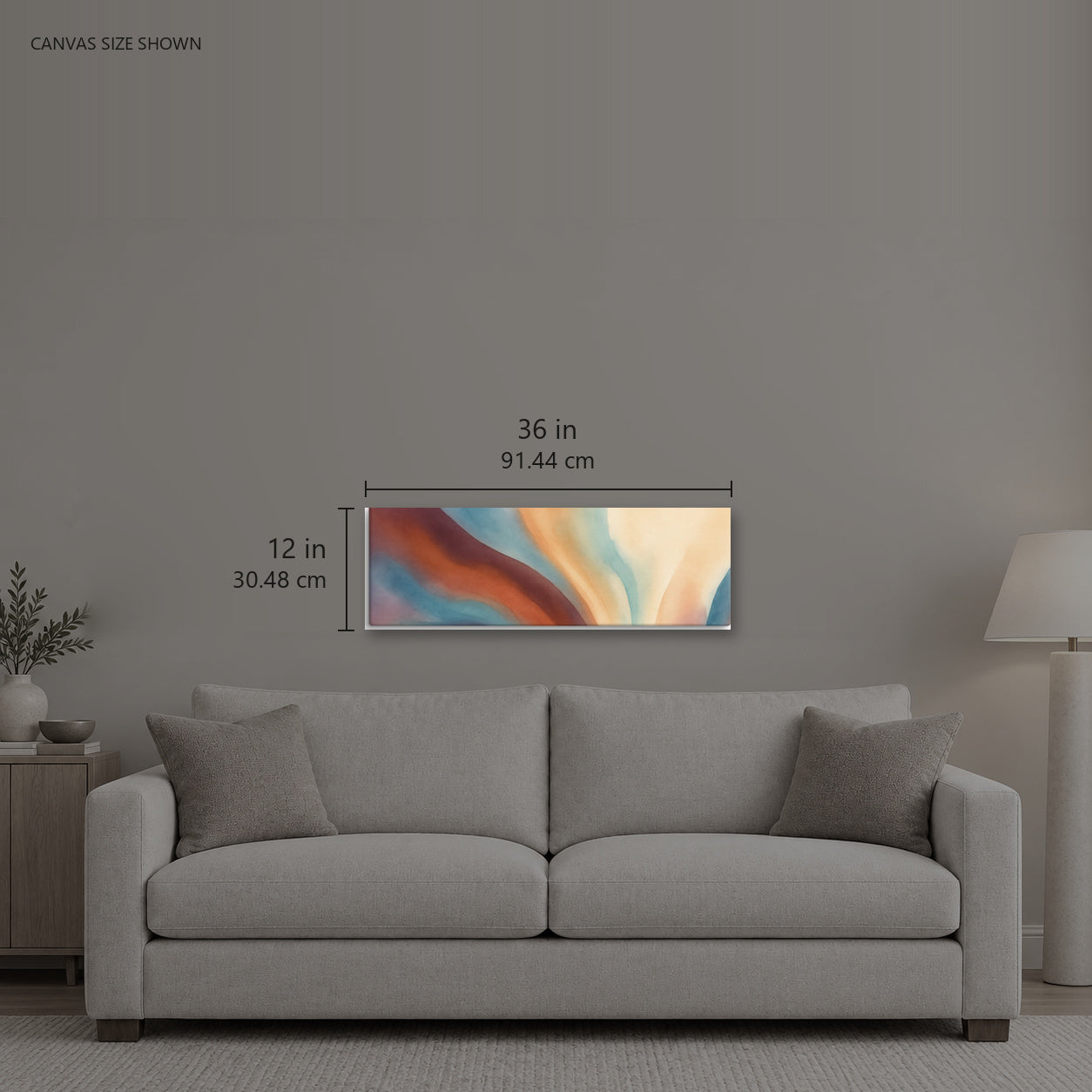 Stria Estuary — Canvas shown: 36 W × 12 H in (91.44 × 30.48 cm). Room reference; other formats and framed outside dimensions differ.