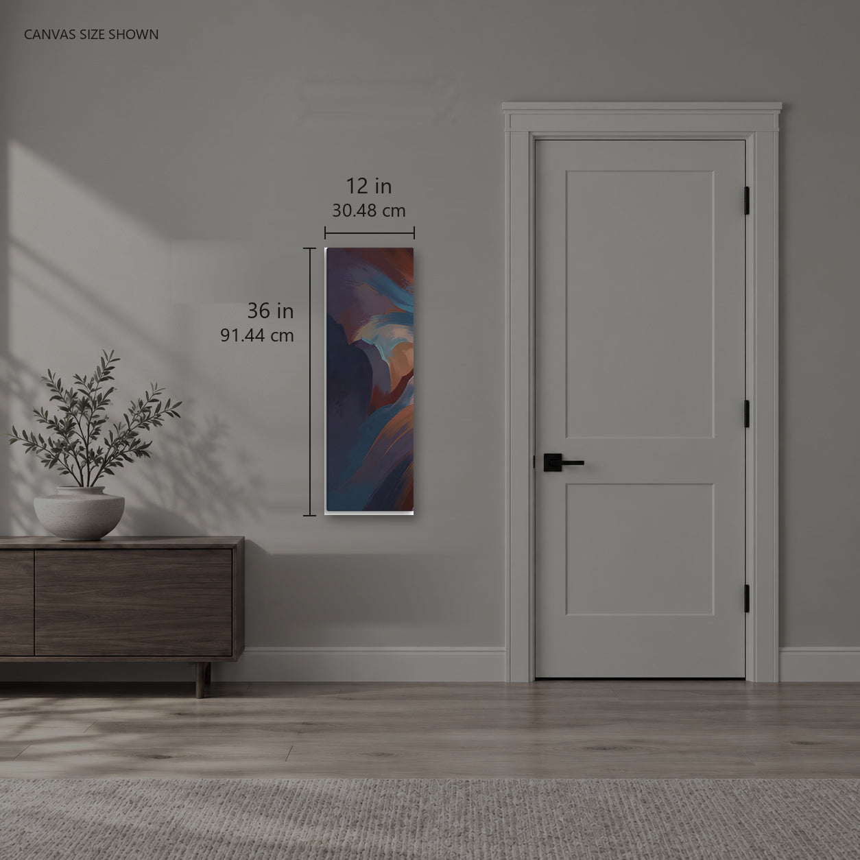 Stria Flume — Canvas shown: 12 W × 36 H in (30.48 × 91.44 cm). Room reference; other formats and framed outside dimensions differ.