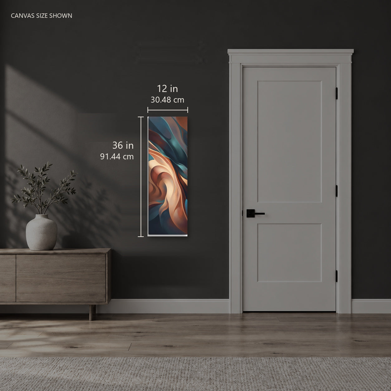 Stria Keel — Canvas shown: 12 W × 36 H in (30.48 × 91.44 cm). Room reference; other formats and framed outside dimensions differ.