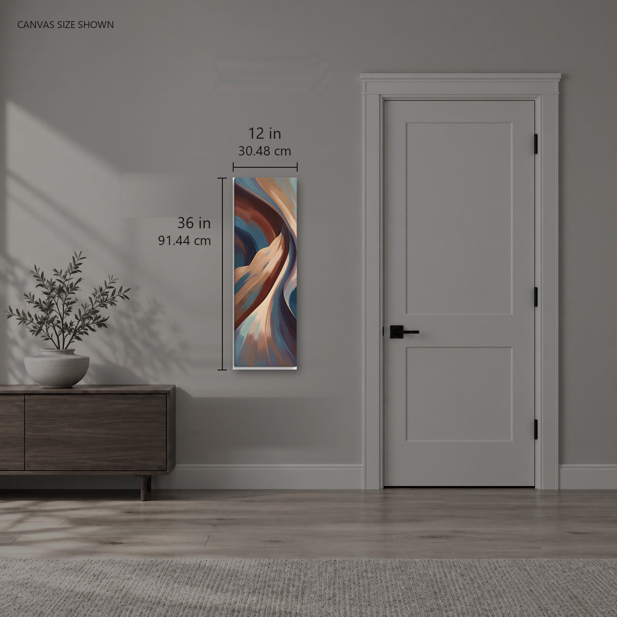 Stria Plica — Canvas shown: 12 W × 36 H in (30.48 × 91.44 cm). Room reference; other formats and framed outside dimensions differ.