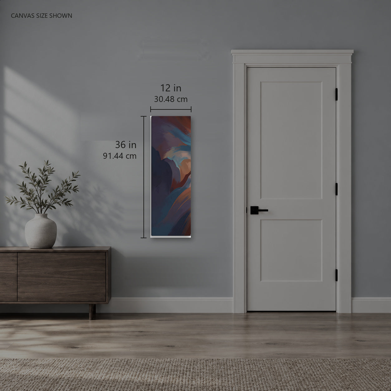 Stria Rift — Canvas shown: 12 W × 36 H in (30.48 × 91.44 cm). Room reference; other formats and framed outside dimensions differ.