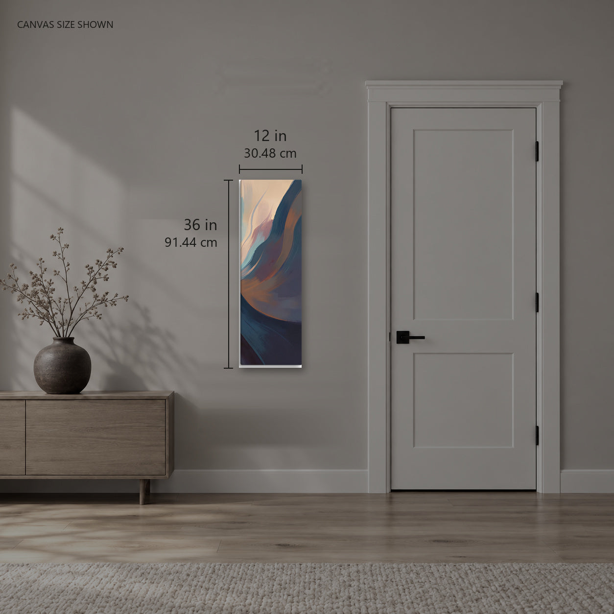 Stria Splay — Canvas shown: 12 W × 36 H in (30.48 × 91.44 cm). Room reference; other formats and framed outside dimensions differ.